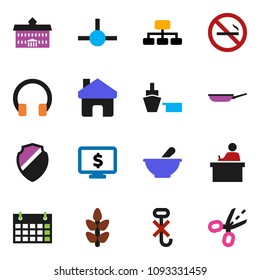 solid vector icon set - pan vector, university, student, hierarchy, monitor dollar, calendar, cereals, no smoking, port, hook, headphones, mortar, connect, shield, home, coupon