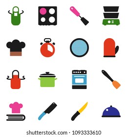 solid vector icon set - pan vector, cook hat, apron, glove, timer, spatula, knife, oven, double boiler, cookbook, sieve, dish