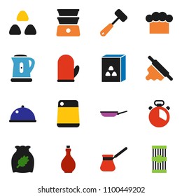 solid vector icon set - pan vector, kettle, oil, cook hat, glove, timer, rolling pin, meat hammer, cutting board, turk coffee, double boiler, dish, cereal, pasta