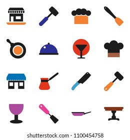 solid vector icon set - pan vector, cook hat, spatula, knife, meat hammer, turk coffee, dish, office, glass, table
