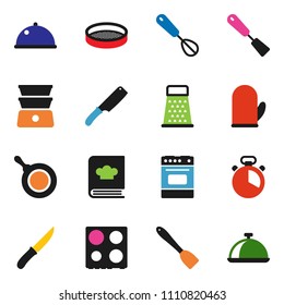 solid vector icon set - pan vector, cook glove, timer, whisk, spatula, knife, grater, oven, double boiler, cookbook, sieve, dish
