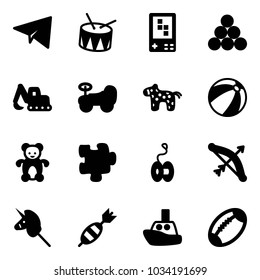 Solid vector icon set - paper plane vector, drum, game console, billiards balls, excavator toy, baby car, horse, beach ball, bear, puzzle, yoyo, bow, unicorn stick, dart, boat, football