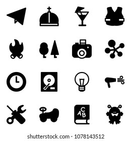 Solid vector icon set - paper fly vector, crown, drink, life vest, fire, forest, camera, molecule, clock, hdd, bulb, dryer, wrench screwdriver, baby car, abc book, toy monster