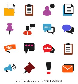 solid vector icon set - paper pin vector, clipboard, document, loudspeaker, dialog, speaking man, thumbtack, message, attention sign, new, mail