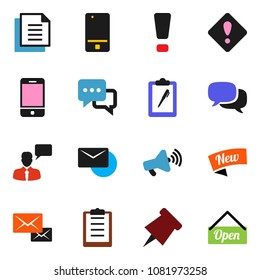 solid vector icon set - paper pin vector, clipboard, document, loudspeaker, mobile phone, dialog, speaking man, mail, attention sign, new, open