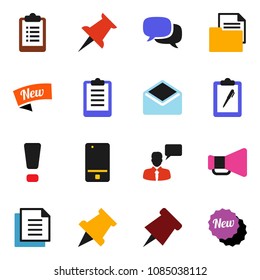 solid vector icon set - paper pin vector, clipboard, document, loudspeaker, mobile phone, dialog, speaking man, thumbtack, mail, attention sign, new