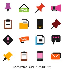 solid vector icon set - paper pin vector, clipboard, document, loudspeaker, mobile phone, thumbtack, message, attention sign, new, open, mail