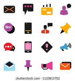 solid vector icon set - paper pin vector, loudspeaker, mobile phone, speaking man, thumbtack, mail, message, attention sign, new