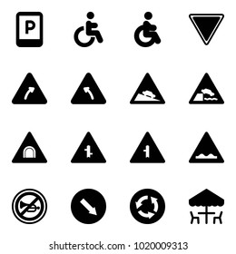Solid vector icon set - parking sign vector, disabled, giving way road, turn right, left, steep descent, embankment, tunnel, intersection, rough, no horn, detour, circle, outdoor cafe