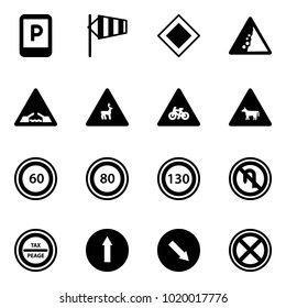 Solid vector icon set - parking sign vector, side wind, main road, landslide, drawbridge, wild animals, for moto, cow, speed limit 60, 80, 130, no turn back, tax peage, only forward, detour, stop