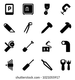 Solid vector icon set - parking sign vector, safe, piston, clamp, work knife, plumber, nail, screw, Angular grinder, shovel, welding, allen key, set, awl, forceps, fork toy