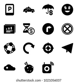 Solid vector icon set - parking sign vector, safety car, dollar smile, statistics report, account history, only right road, no stop, friends, redo, target, paper fly, cloud, moon flag