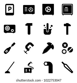 Solid vector icon set - parking sign vector, safe, work, casting of steel, hammer, chisel, clamp, screw, rivet, hoe, welding, allen key, forceps