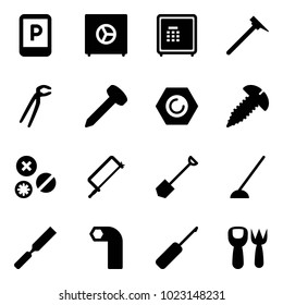 Solid vector icon set - parking sign vector, safe, mason hammer, plumber, nail, nut, screw, rivet, metal hacksaw, shovel, hoe, rasp, allen key, awl, fork toy