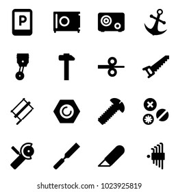 Solid vector icon set - parking sign vector, safe, anchor, piston, hammer, steel rolling, saw, bucksaw, nut, screw, rivet, Angular grinder, rasp, work knife, allen key set