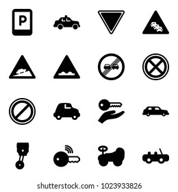 Solid vector icon set - parking sign vector, safety car, giving way road, multi lane traffic, climb, rough, end overtake limit, no stop, key hand, limousine, piston, wireless, baby, toy