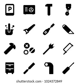 Solid vector icon set - parking sign vector, safe, work, piston, casting of steel, saw, chisel, knife, screw, rivet, wood drill, metal hacksaw, tool cabinet, rasp, allen key, awl