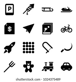 Solid vector icon set - parking sign vector, firework rocket, sleigh, snowmobile, account statement, paper plane, photo, bike, circuit, fretsaw, sickle, farm fork, bear toy, train, car