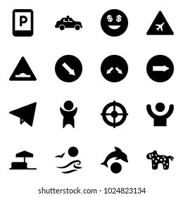 Solid vector icon set - parking sign vector, safety car, dollar smile, airport road, artificial unevenness, detour, only right, paper fly, success, target, inflatable pool, waves, dolphin, toy horse