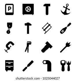 Solid vector icon set - parking sign vector, safe, work, anchor, piston, hammer, bucksaw, chisel, clamp, plumber, bolt, wood drill, tool cabinet, rasp, allen key, shovel fork toy