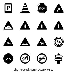 Solid vector icon set - parking sign vector, road cone, stop, turn right, steep descent, intersection, side wind, rough, cow, limited height, detour, end speed limit, overtake, signpost