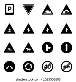 Solid vector icon set - parking sign vector, giving way road, climb, embankment, pedestrian, intersection, side wind, cow, only forward right, detour, circle, end speed limit, overtake