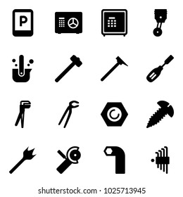 Solid vector icon set - parking sign vector, safe, piston, casting of steel, sledgehammer, mason hammer, chisel, plumber, nut, screw, wood drill, Angular grinder, allen key, set