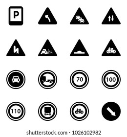 Solid vector icon set - parking sign vector, turn left road, multi lane traffic, oncoming, gravel, artificial unevenness, for moto, no car, trailer, speed limit 70, 100, 110, dangerous cargo, bike