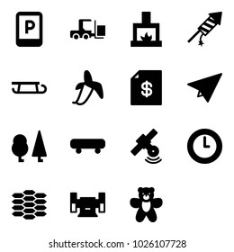 Solid vector icon set - parking sign vector, fork loader, fireplace, firework rocket, sleigh, banana, account statement, paper plane, forest, skateboard, satellite, clock, carbon, sharpening