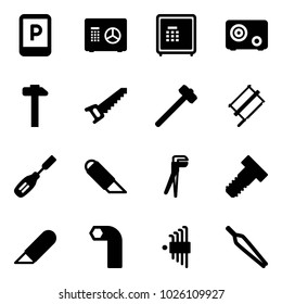 Solid vector icon set - parking sign vector, safe, hammer, saw, sledgehammer, bucksaw, chisel, work knife, plumber, bolt, allen key, set, forceps