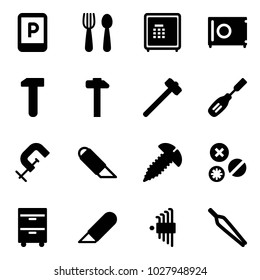 Solid vector icon set - parking sign vector, spoon and fork, safe, work, hammer, sledgehammer, chisel, clamp, knife, screw, rivet, tool cabinet, allen key set, forceps