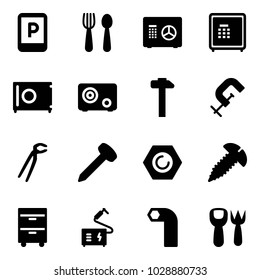 Solid vector icon set - parking sign vector, spoon and fork, safe, hammer, clamp, plumber, nail, nut, screw, tool cabinet, welding, allen key, shovel toy
