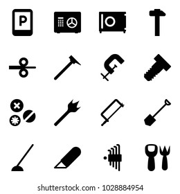 Solid vector icon set - parking sign vector, safe, hammer, steel rolling, mason, clamp, bolt, rivet, wood drill, metal hacksaw, shovel, hoe, work knife, allen key set, fork toy