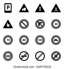 Solid vector icon set - parking sign vector, tractor way road, traffic light, pedestrian, prohibition, speed limit 30, 70, 80, 100, no bike, customs, end overtake, even