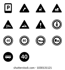 Solid vector icon set - parking sign vector, turn right road, wild animals, railway intersection, side wind, car crash, attention, no pedestrian, speed limit 60, 80, cart horse, truck overtake, bus