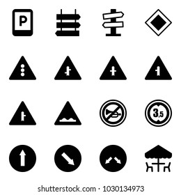Solid vector icon set - parking sign vector, post, road signpost, main, traffic light, intersection, rough, no horn, limited height, only forward, detour, outdoor cafe