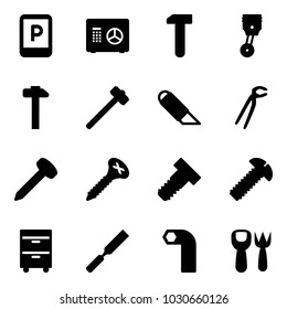 Solid vector icon set - parking sign vector, safe, work, piston, hammer, sledgehammer, knife, plumber, nail, screw, bolt, tool cabinet, rasp, allen key, shovel fork toy