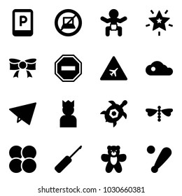 Solid vector icon set - parking sign vector, no computer, baby, christmas star, bow, way road, airport, cloud, paper fly, king, sea turtle, dragonfly, atom core, awl, bear toy, baseball bat