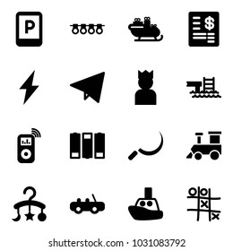 Solid vector icon set - parking sign vector, garland, santa sleigh, account statement, lightning, paper fly, king, pool, music player, battery, sickle, toy train, baby carousel, car, boat