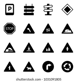 Solid vector icon set - parking sign vector, post, road signpost, main, stop, turn left, oncoming traffic, climb, embankment, pedestrian, children, intersection, cow, only right, circle