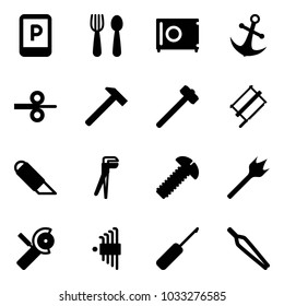 Solid vector icon set - parking sign vector, spoon and fork, safe, anchor, steel rolling, hammer, sledgehammer, bucksaw, work knife, plumber, screw, wood drill, Angular grinder, allen key set, awl