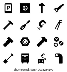 Solid vector icon set - parking sign vector, safe, hammer, saw, chisel, clamp, plumber, bolt, nut, screw, rivet, shovel, tool cabinet, welding, allen key