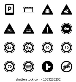 Solid vector icon set - parking sign vector, barrier, tunnel road, railway intersection, side wind, attention, no moto, limited width, height, speed limit 40, 50, 70, customs, only forward right
