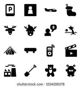 Solid vector icon set - parking sign vector, female wc, small plane, christmas sock, deer, hat, money dialog, palm, tent, skateboard, music player, movie flap, plant, shovel, bear toy, monster