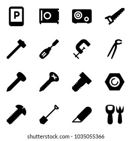 Solid vector icon set - parking sign vector, safe, saw, sledgehammer, chisel, clamp, plumber, nail, screw, bolt, nut, shovel, work knife, fork toy