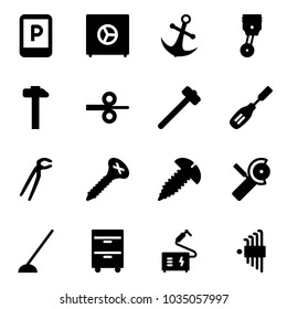 Solid vector icon set - parking sign vector, safe, anchor, piston, hammer, steel rolling, sledgehammer, chisel, plumber, screw, Angular grinder, hoe, tool cabinet, welding, allen key set
