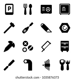 Solid vector icon set - parking sign vector, spoon and fork, safe, sledgehammer, chisel, work knife, nut, screw, rivet, metal hacksaw, tool cabinet, rasp, allen key, set, shovel toy