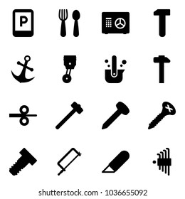 Solid vector icon set - parking sign vector, spoon and fork, safe, work, anchor, piston, casting of steel, hammer, rolling, sledgehammer, nail, screw, bolt, metal hacksaw, knife, allen key set
