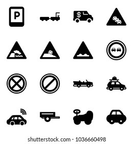 Solid vector icon set - parking sign vector, baggage truck, encashment car, multi lane traffic road, embankment, steep roadside, rough, no overtake, stop, cabrio, wireless, trailer, baby