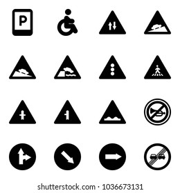 Solid vector icon set - parking sign vector, disabled, oncoming traffic road, climb, steep descent, embankment, light, pedestrian, intersection, rough, no horn, only forward right, detour